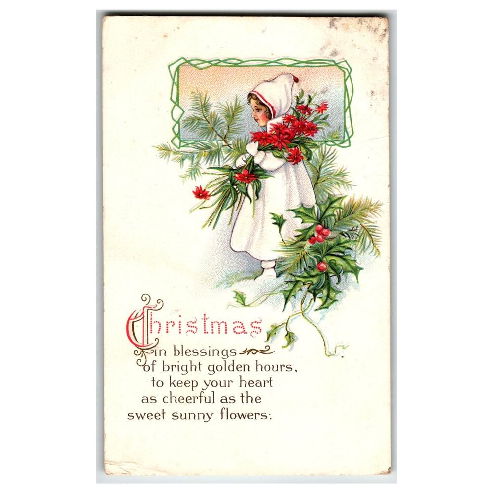 1910 Christmas Postcard Girl Poinsettias Pine Holly Hillsboro OR Posted